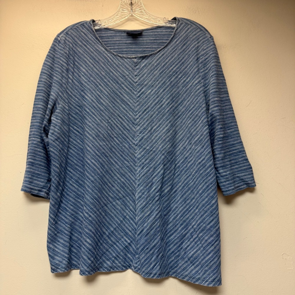 Pure Jill Top Women Large Petite Blue Excellent Cotton Striped 3/4 Sleeve 12746